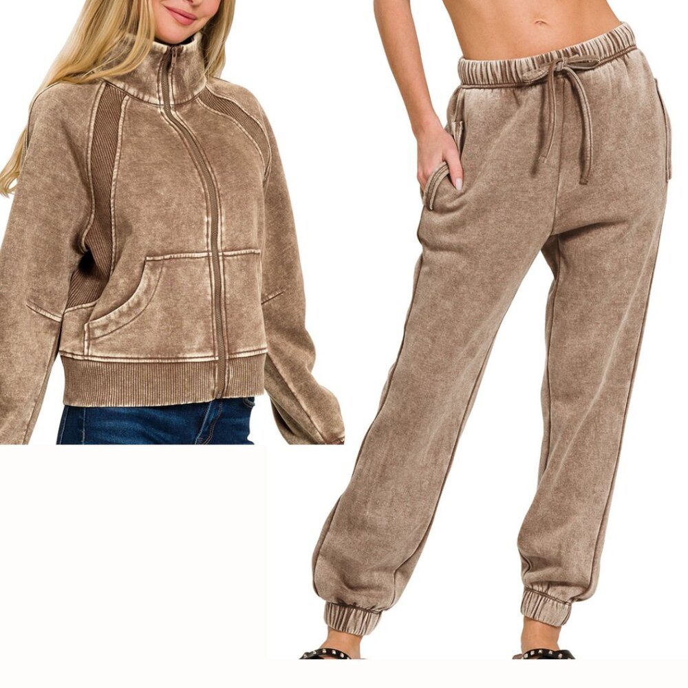Zenana Acid Wash Fleece Set – Zip-Up Jacket & Joggers, Mocha, Cozy Loungewear